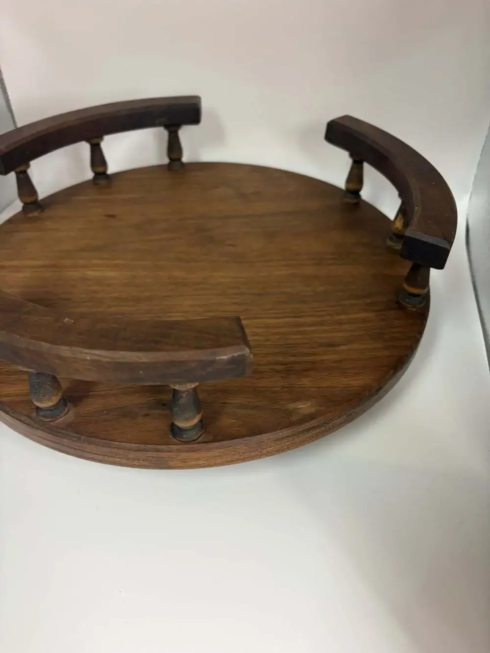 Vintage Wood Lazy Susan With Spindled Sides 12” X 4”